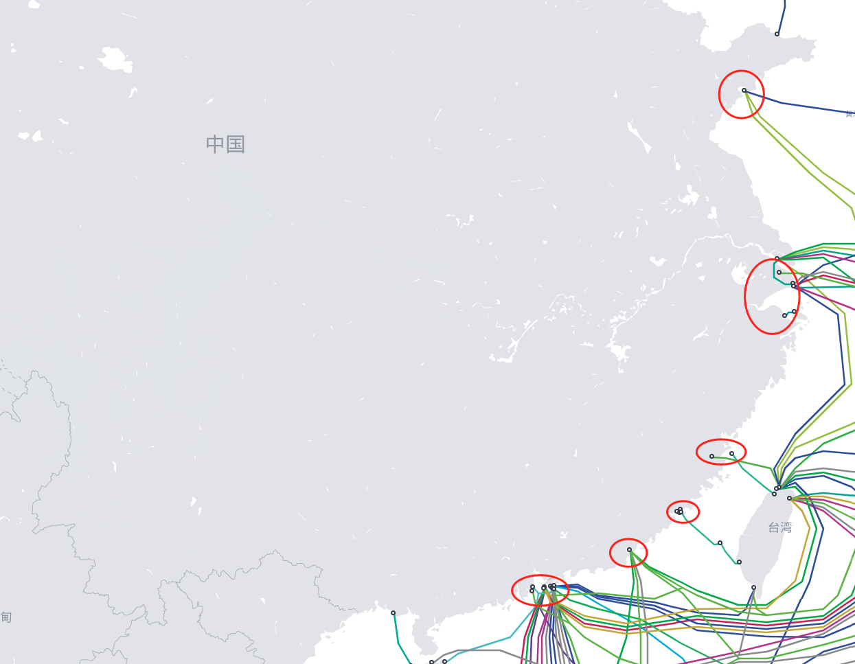 中国的海底光缆的分布图