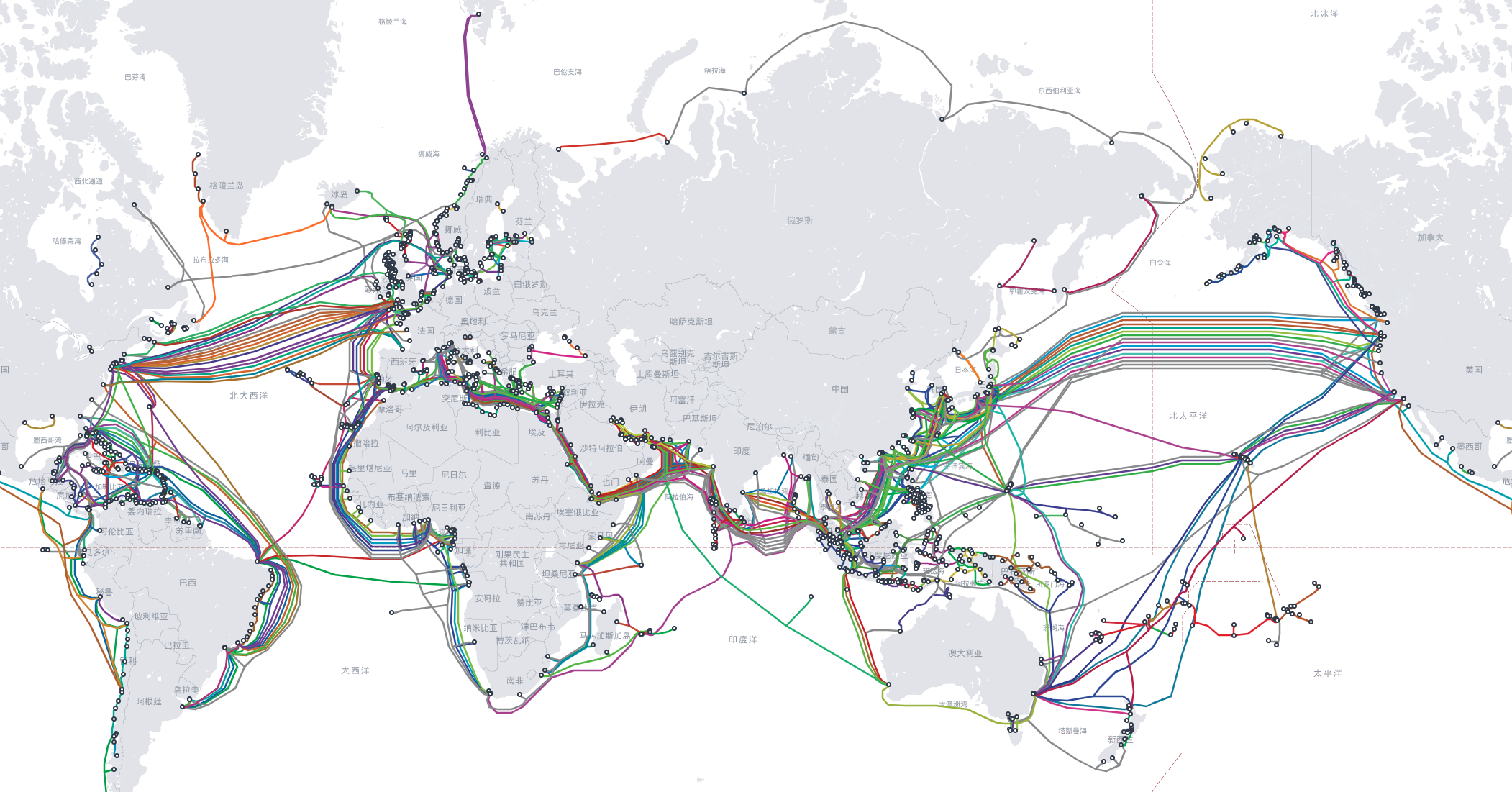 全球的海底光缆的分布图