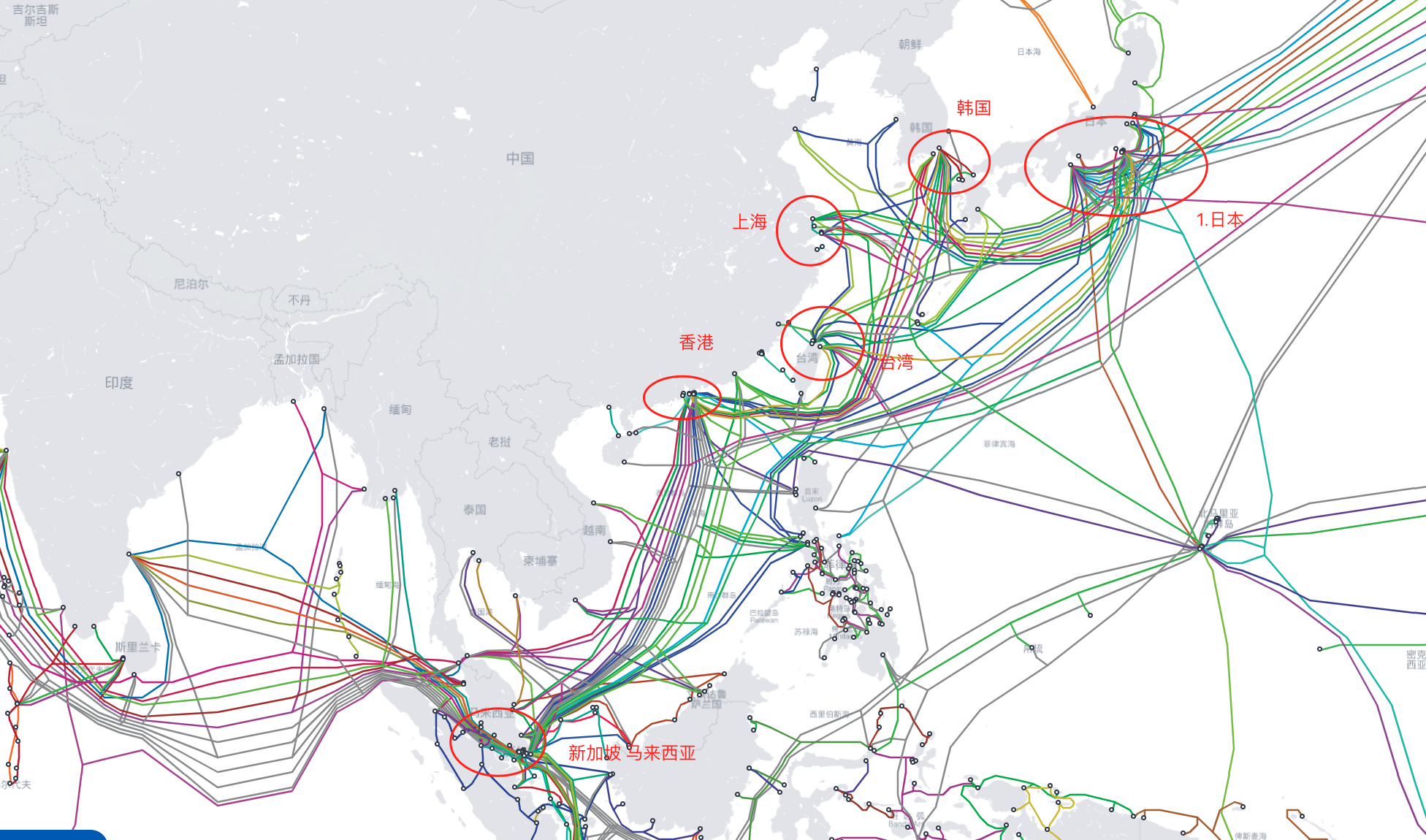 亚洲的海底光缆的分布图